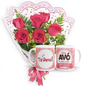 Mini Buquê com 6 Rosas Vermelhas+1Caneca "Vó mãe com açucar'"