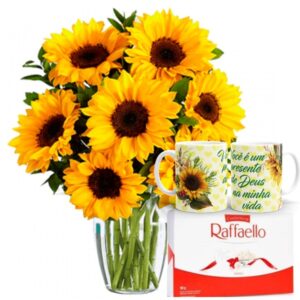 Arranjo no Vaso P com 8 Girassóis+1Caneca (Girassol) Você é um presente...+Chocolate Rafaello 9un