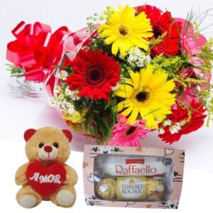 Mini buque 6 Gerberas coloridas+Urso 20cm+Chocolate 6un