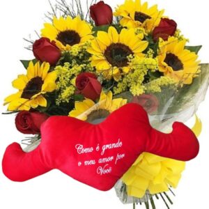 Buquê 8 rosas vermelhas e 8 Girassóis+Coração Pelúcia "Como é grande o meu amor..." 65x30