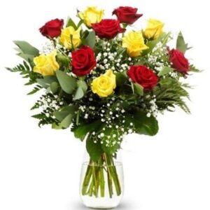 Arranjo no Vaso G com 24 Rosas Vermelhas e Amarelas