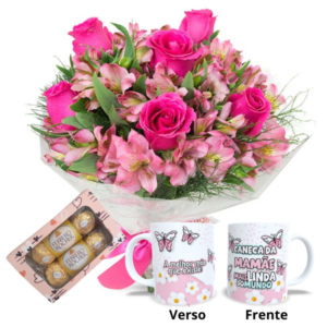 Mini buque 6 Rosas Pink e Astromélias Rosa+1Caneca Mãe+Chocolate 6un